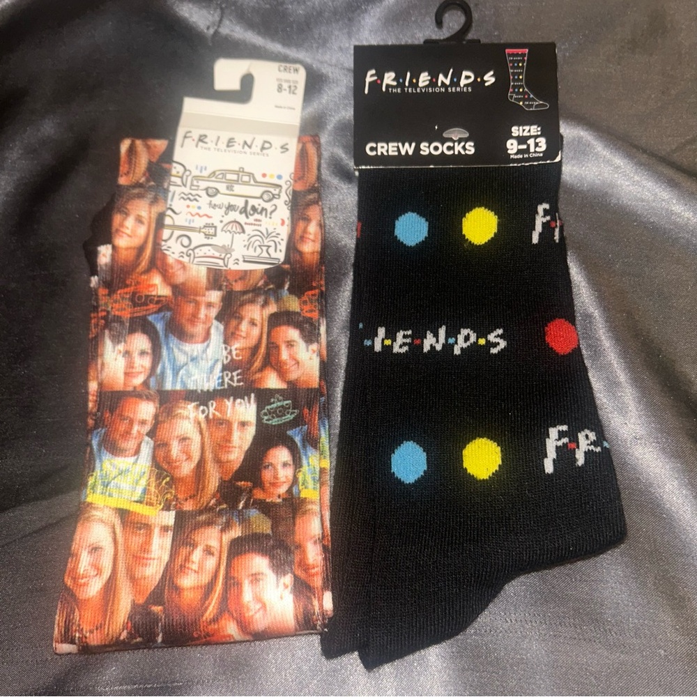 2 Pairs of FRIENDS Crew Socks -1Black with Multicolor Design and 1 with Faces